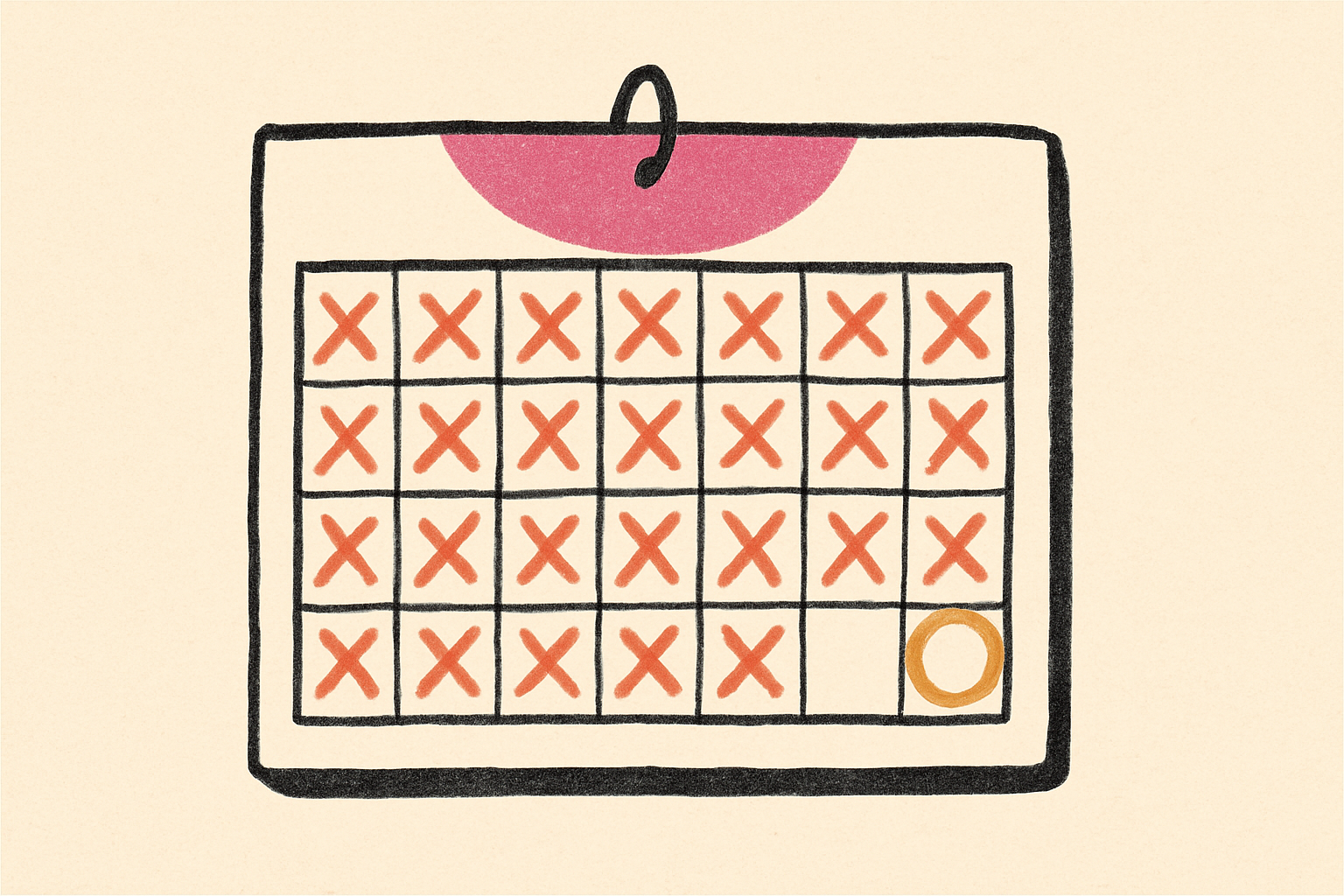 A 30-day paper calendar with coral X marks through each day and the final day circled in mustard.