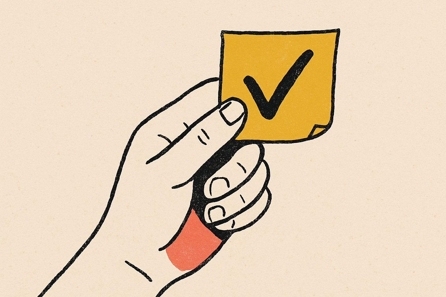 A hand holding a small mustard sticky note with a single hand-drawn checkmark on it.