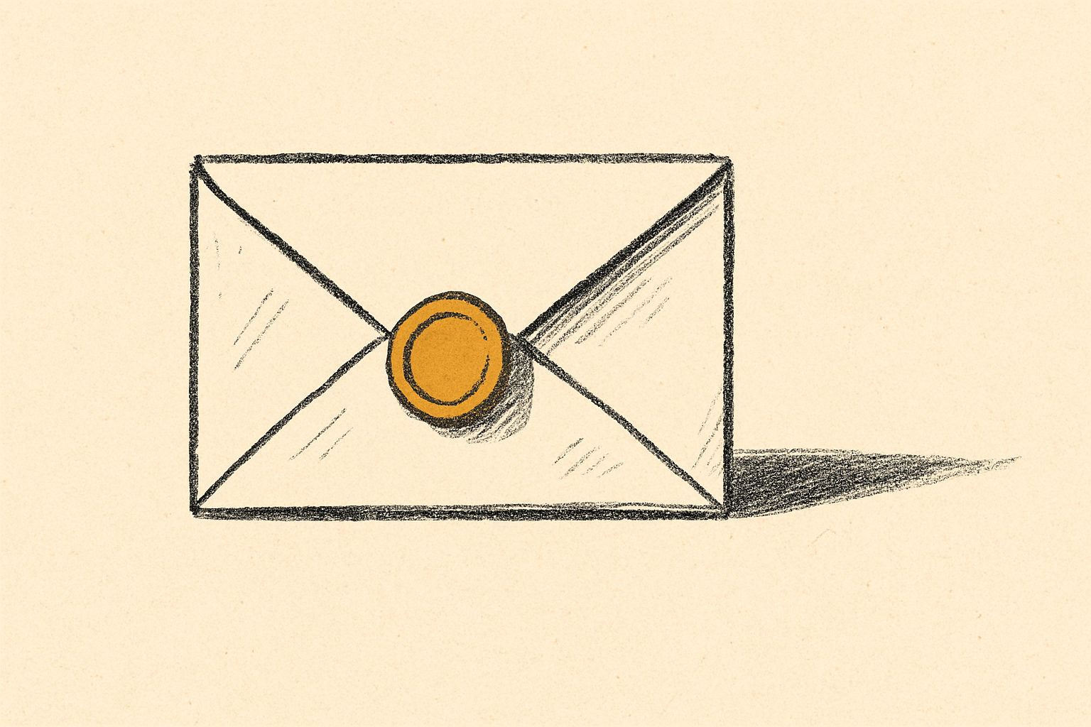 A closed paper envelope sealed with mustard wax casting a long shadow on a cream surface.