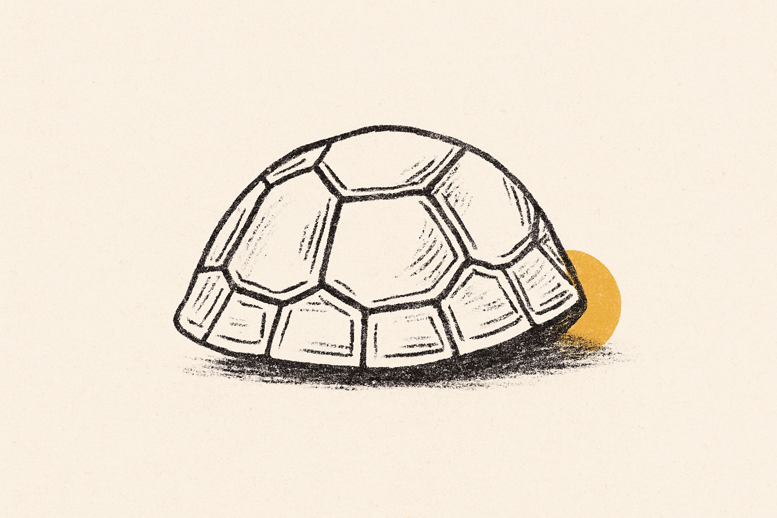 An ink turtle shell on cream ground with a small mustard blob hidden behind it.