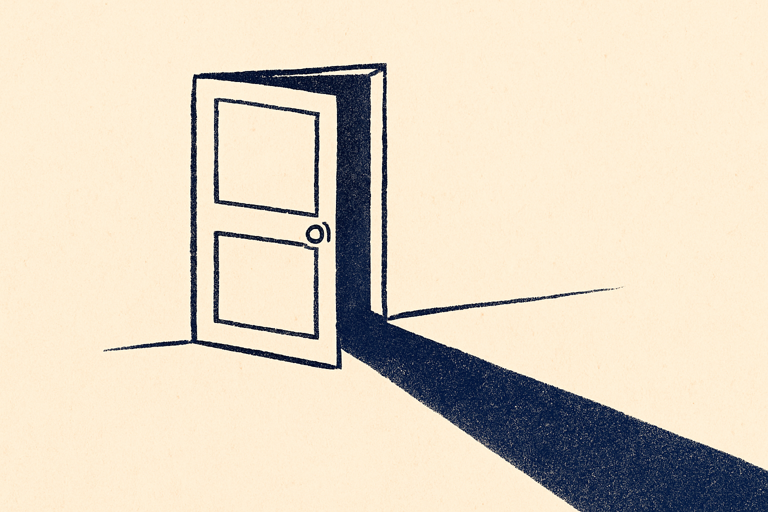 An ajar ink door with a thin indigo line of light spilling onto the cream floor.