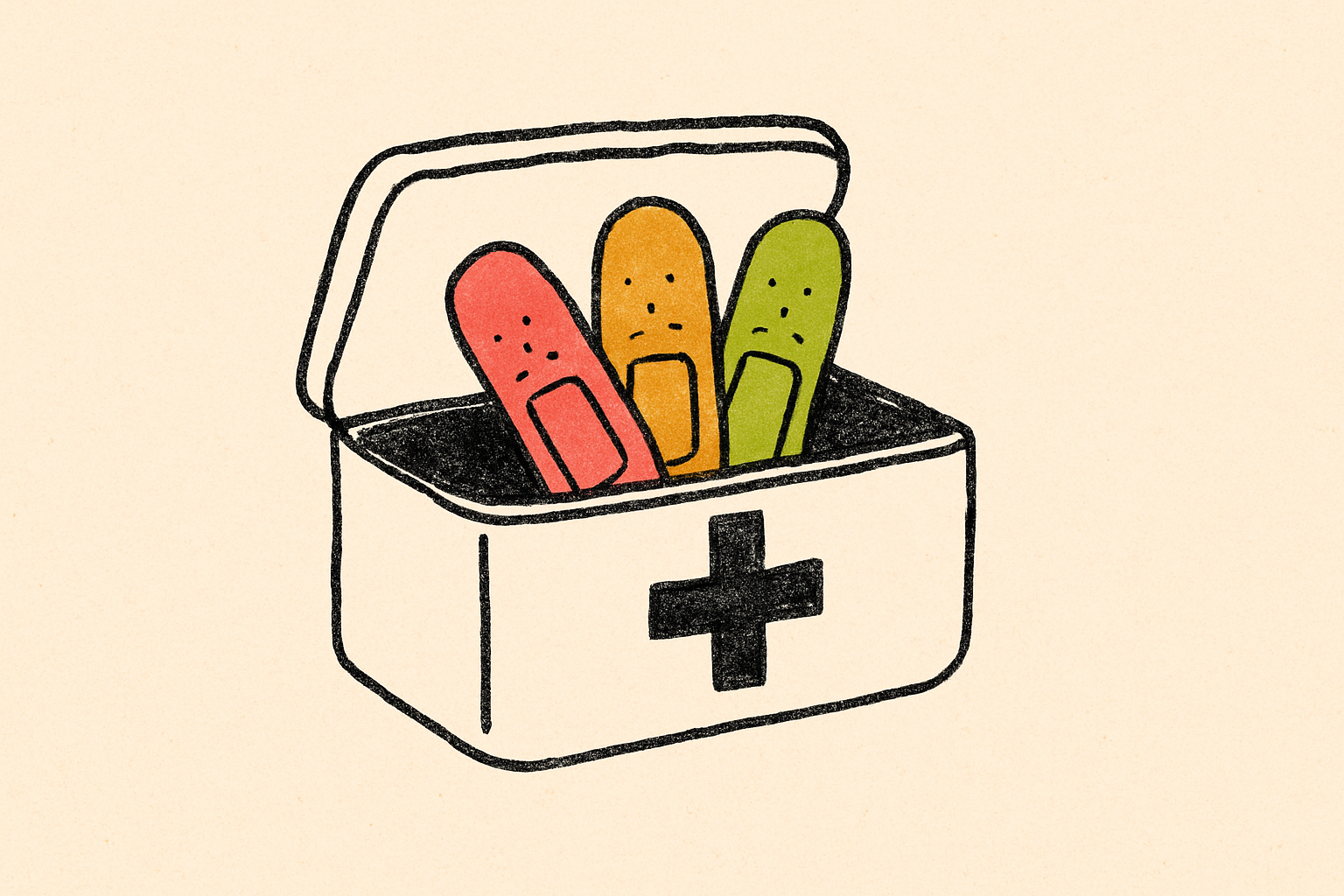 An ink first-aid kit with three colored bandage shapes peeking out.