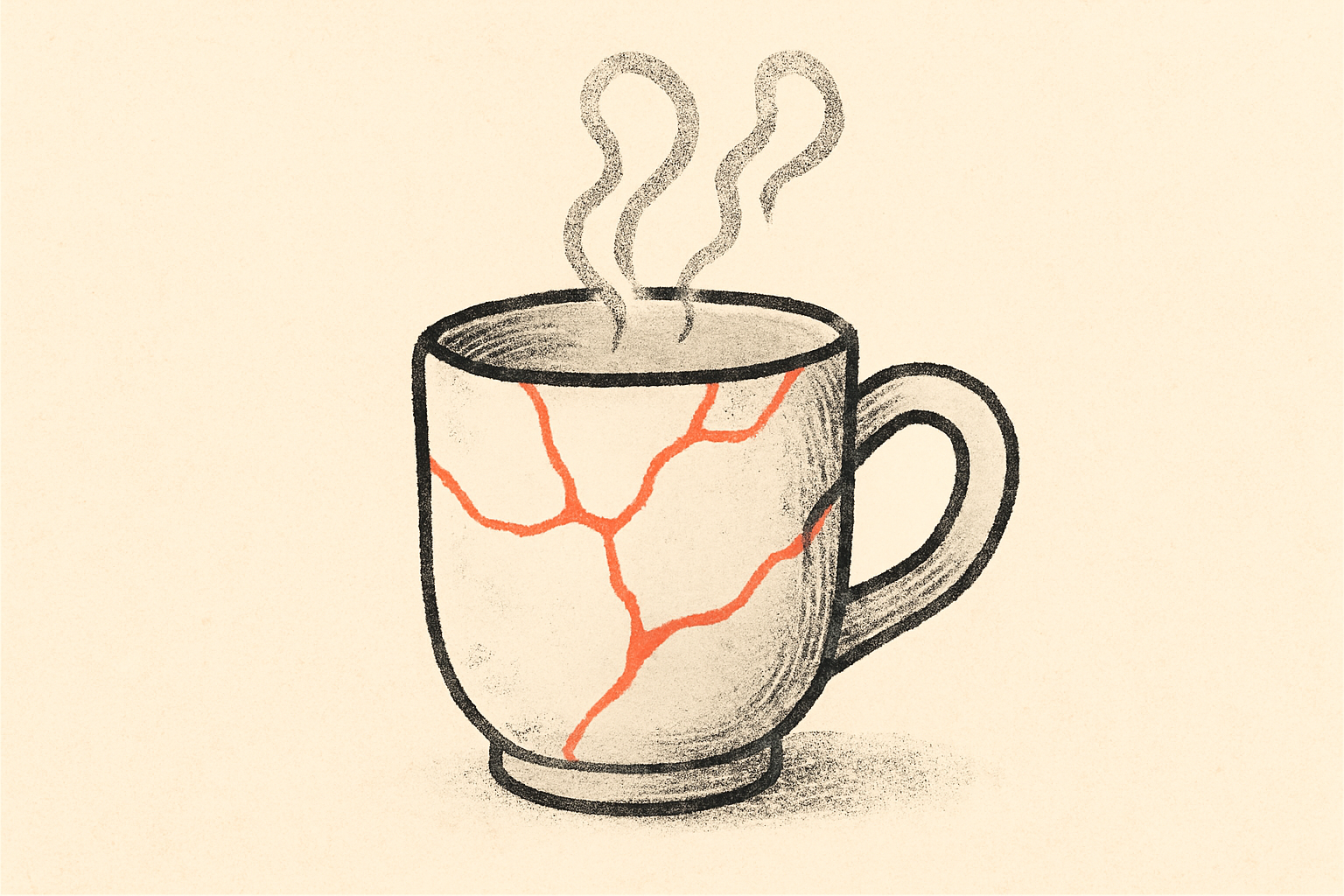 A cracked ceramic mug repaired with coral kintsugi seams and steam curling up from it.