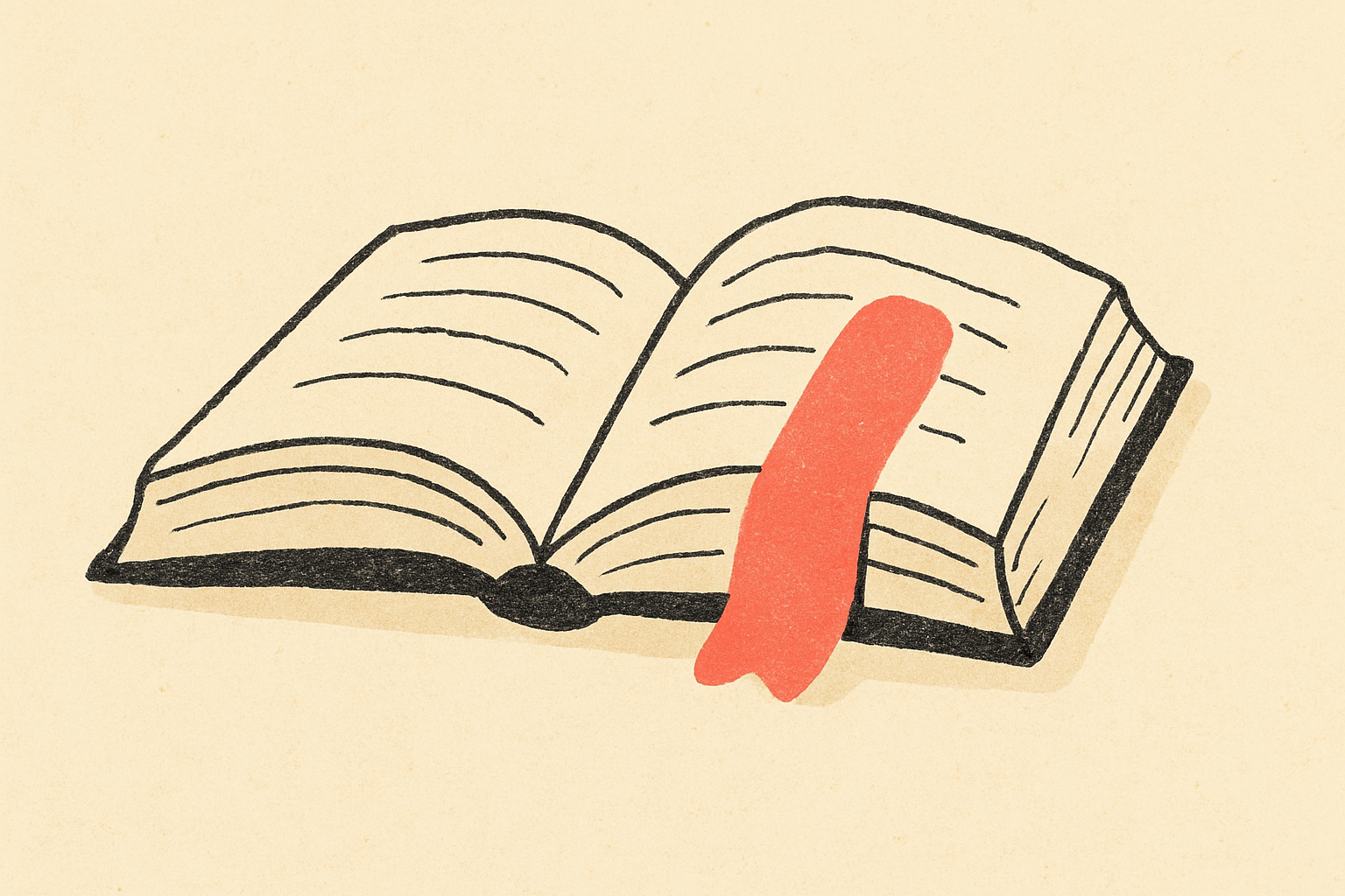 An open paperback on cream with softly curving pages and a coral bookmark.