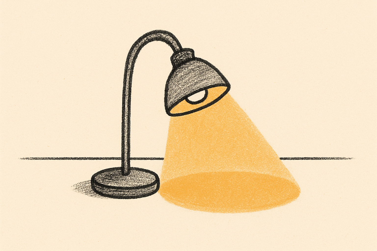 An ink reading lamp casting a soft mustard pool of light on an empty cream desk.