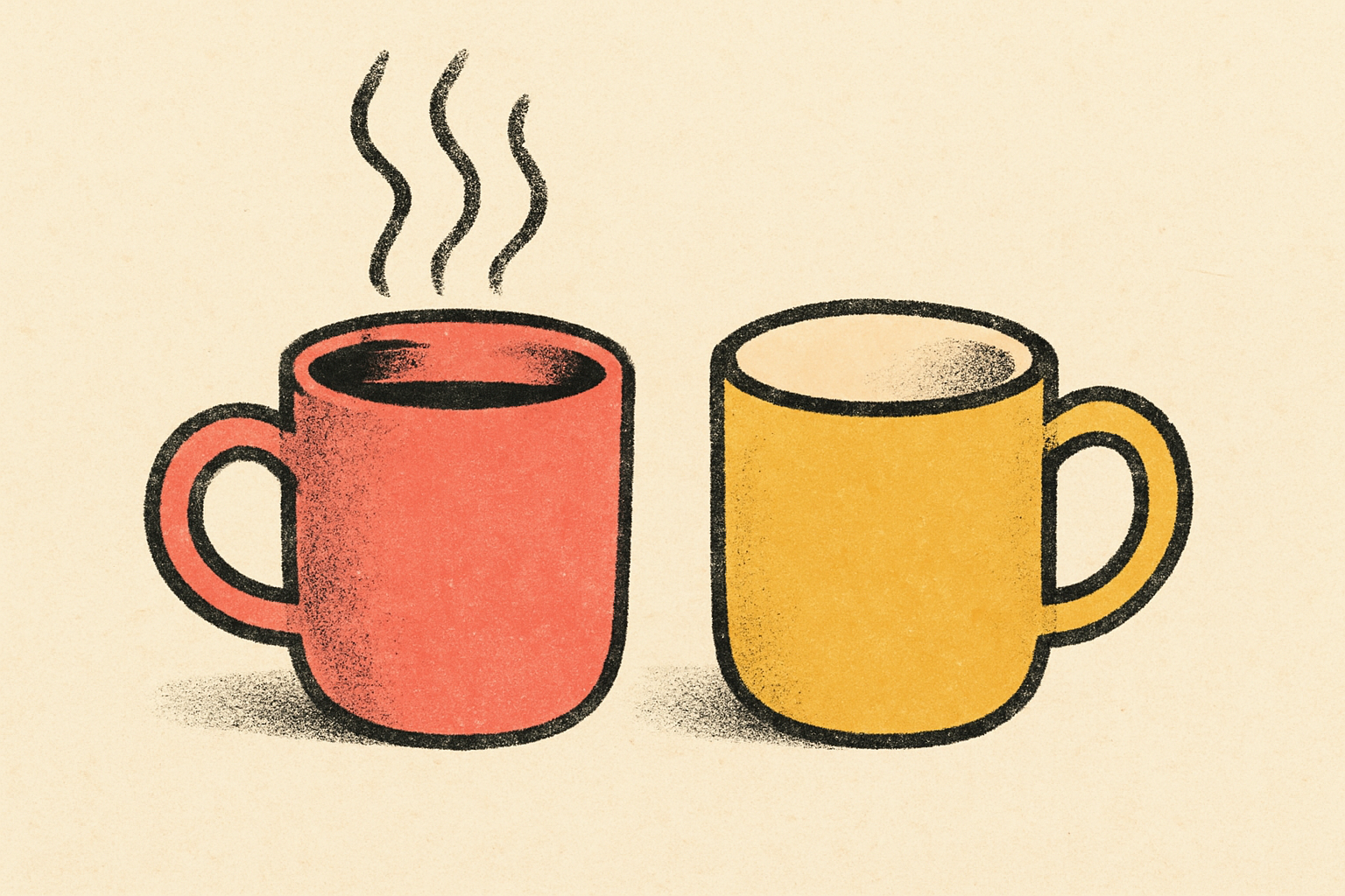 Two ceramic coffee mugs side by side, one steaming and one empty, on a cream surface.
