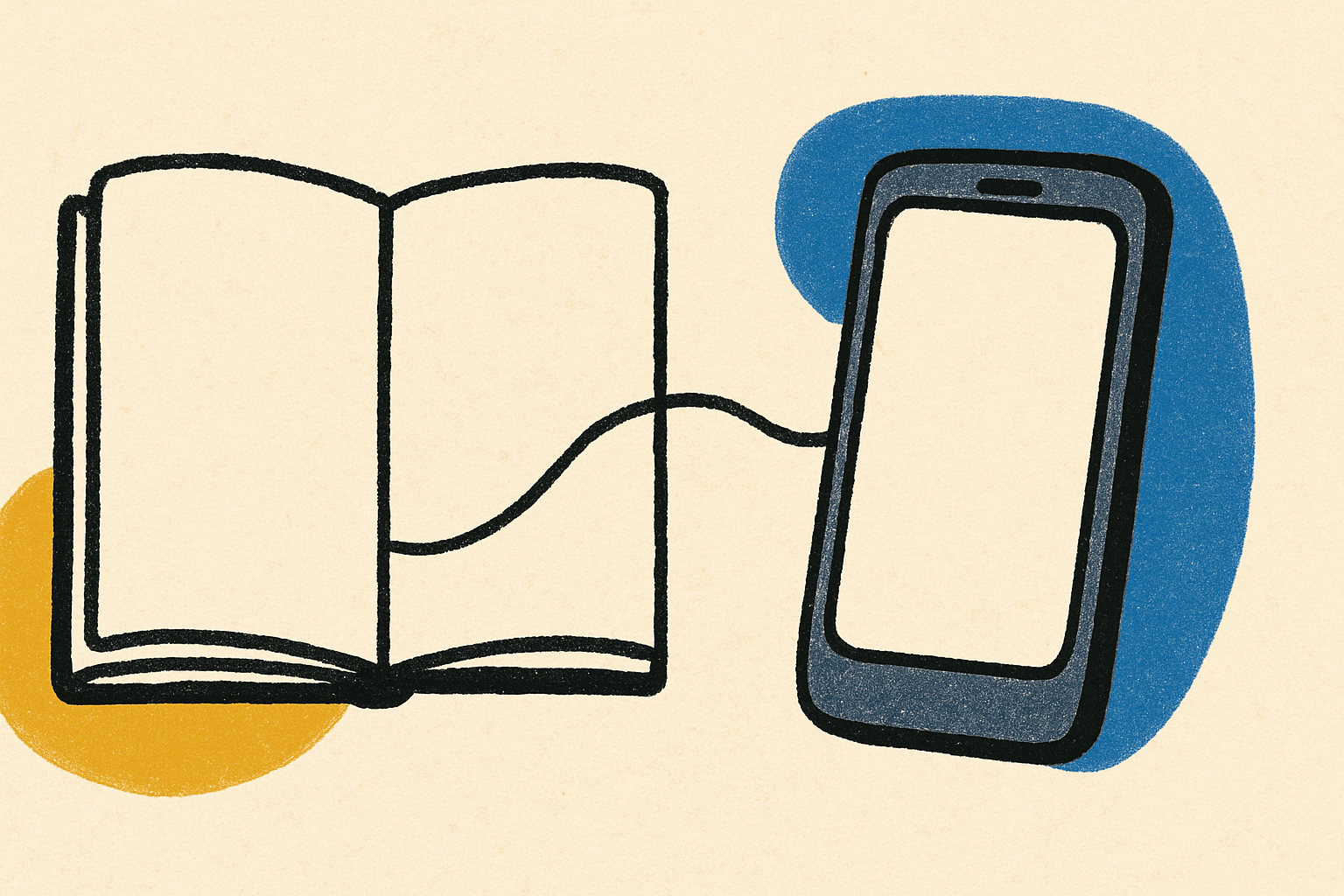 An open paper notebook and a smartphone side by side with a single ink line connecting them.