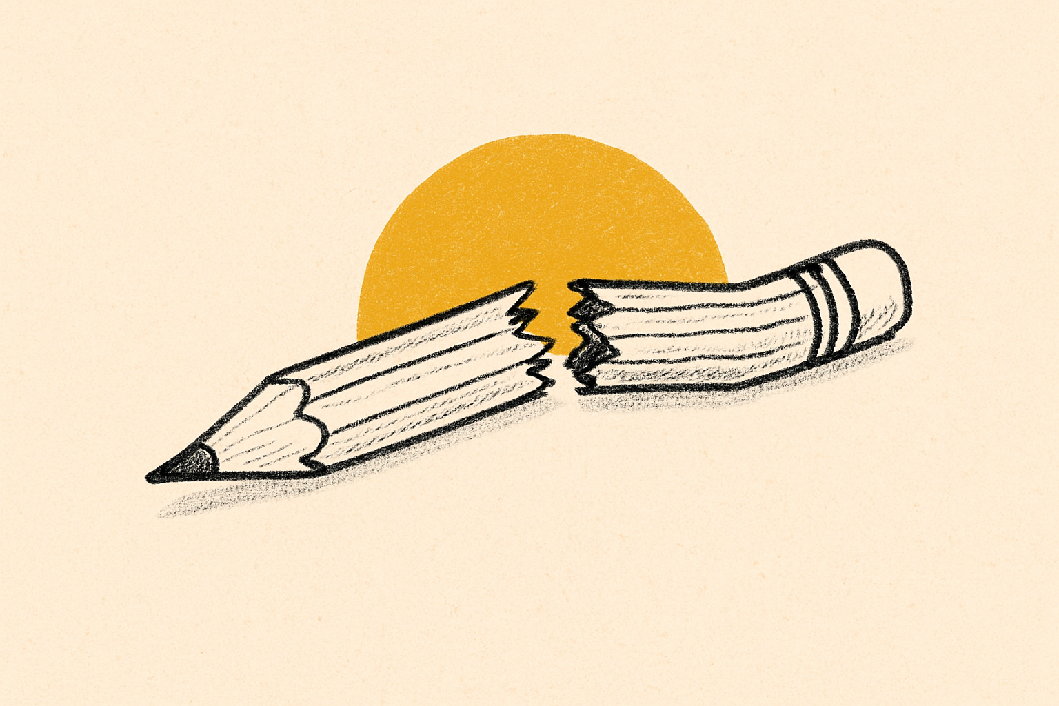 A hand-drawn pencil broken cleanly in two on cream with a small mustard arc behind.