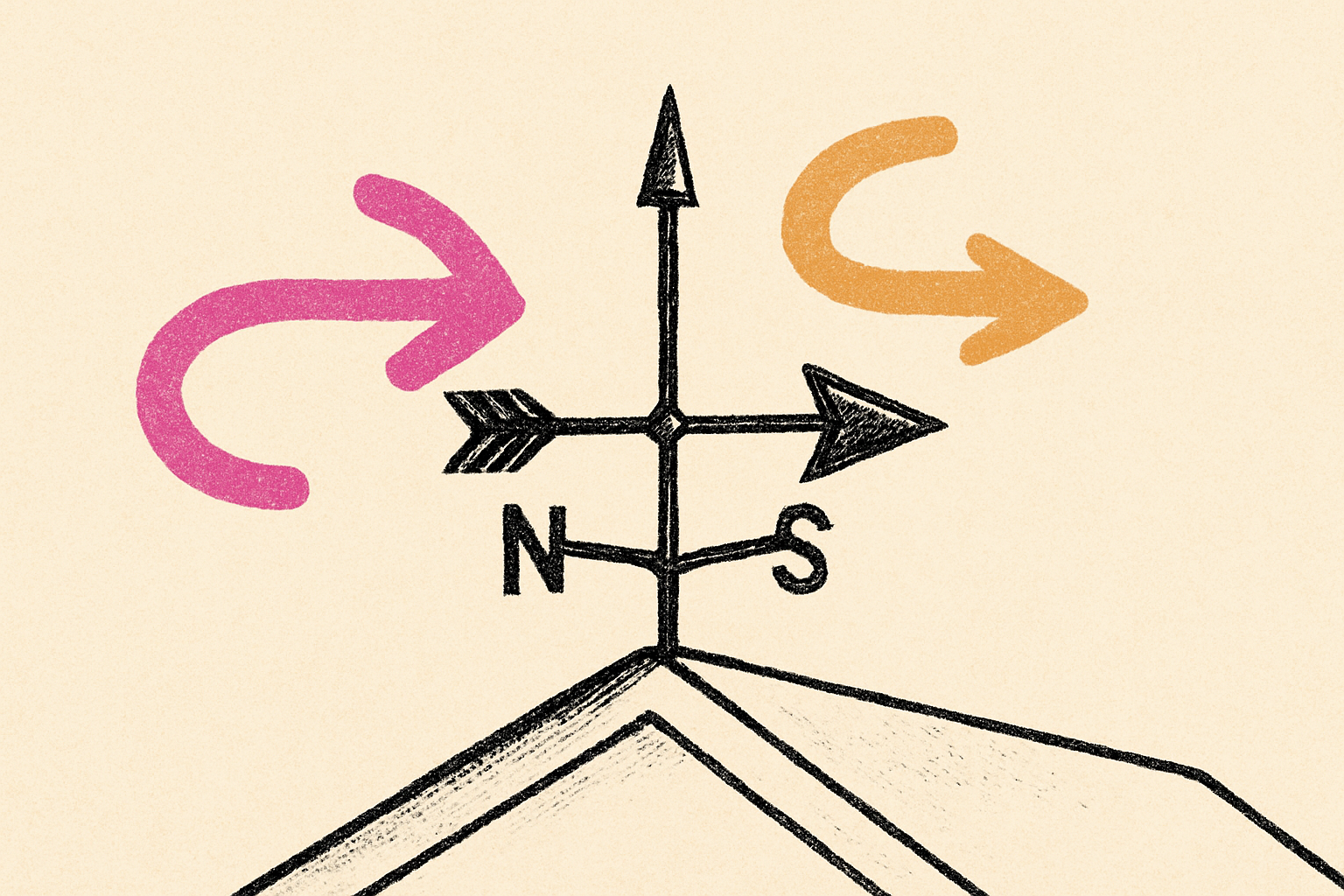 An ink weather vane on a cream rooftop with an arrow caught between two winds.