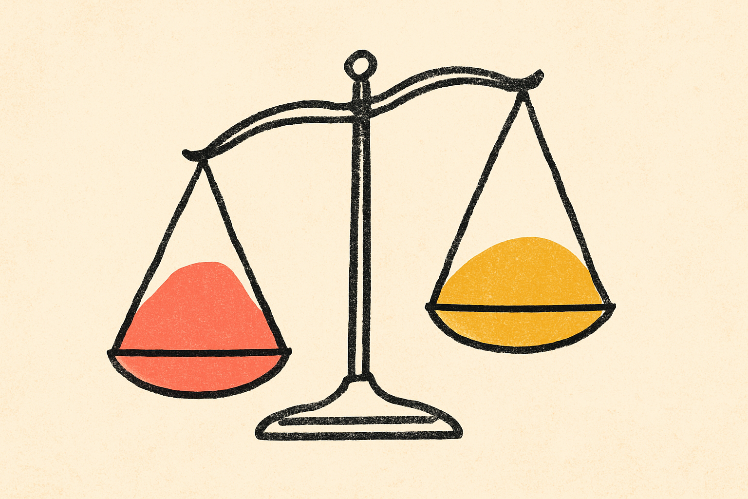 A line-drawn weighing scale slightly tipped, with a coral blob on one side and mustard on the other.