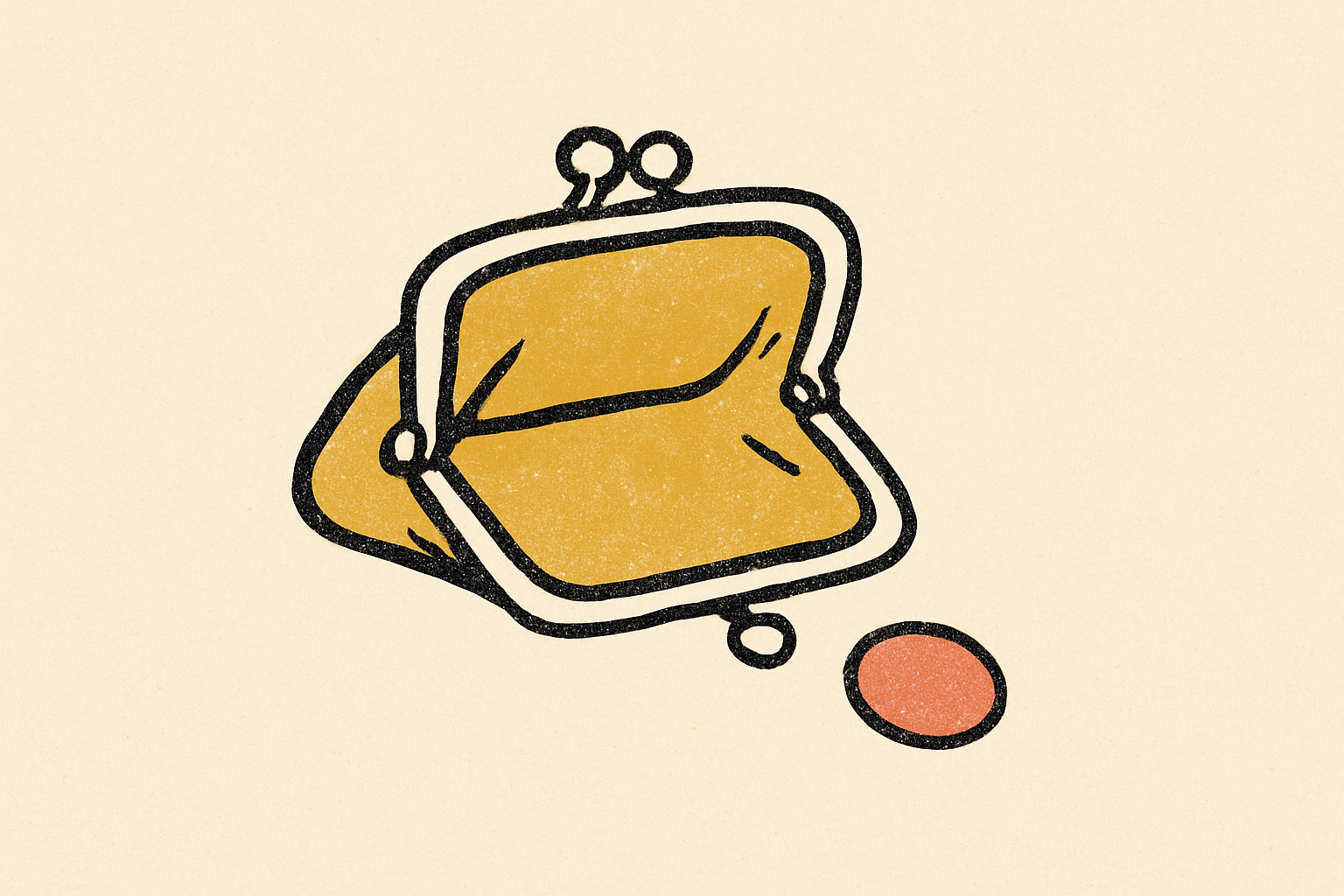 An ink coin purse with a single coral coin tumbling out onto cream.