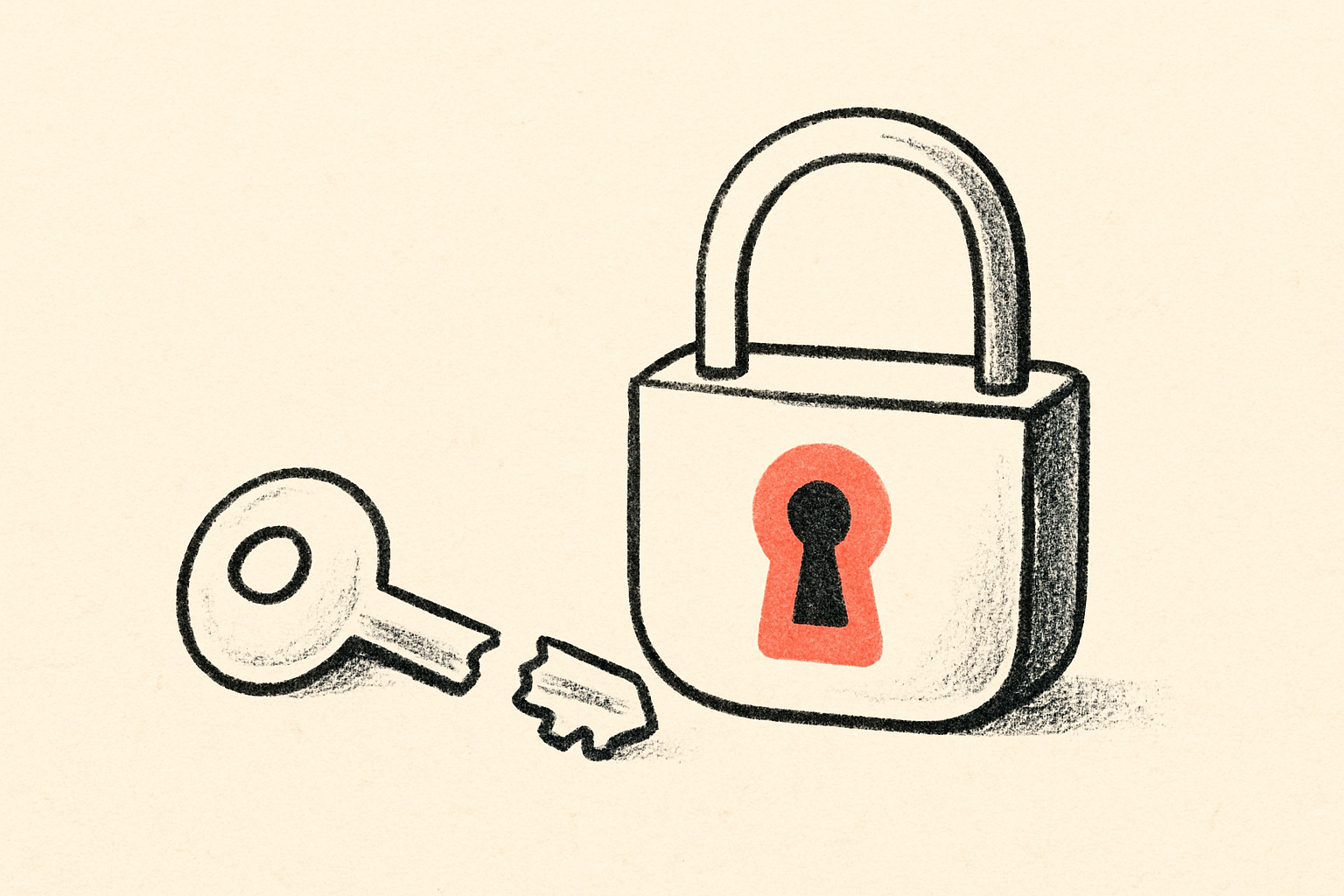 An ink key snapped in half beside a closed lock with a coral keyhole.