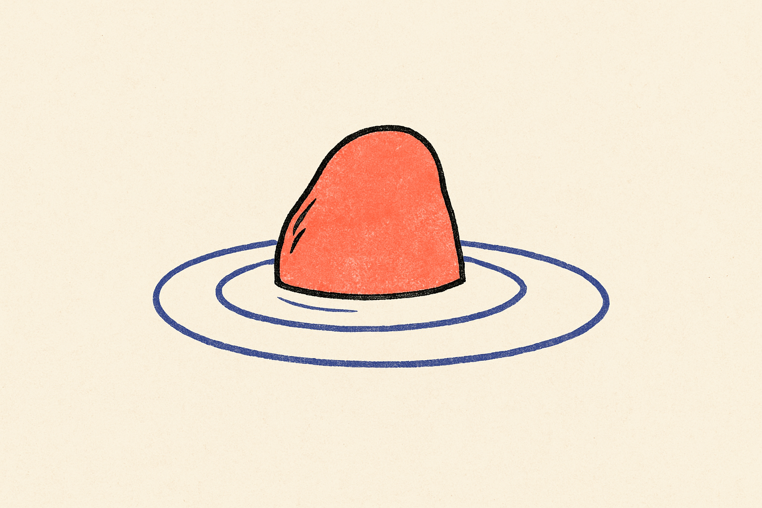 An ink pebble half-submerged in cream water with a single indigo ripple.