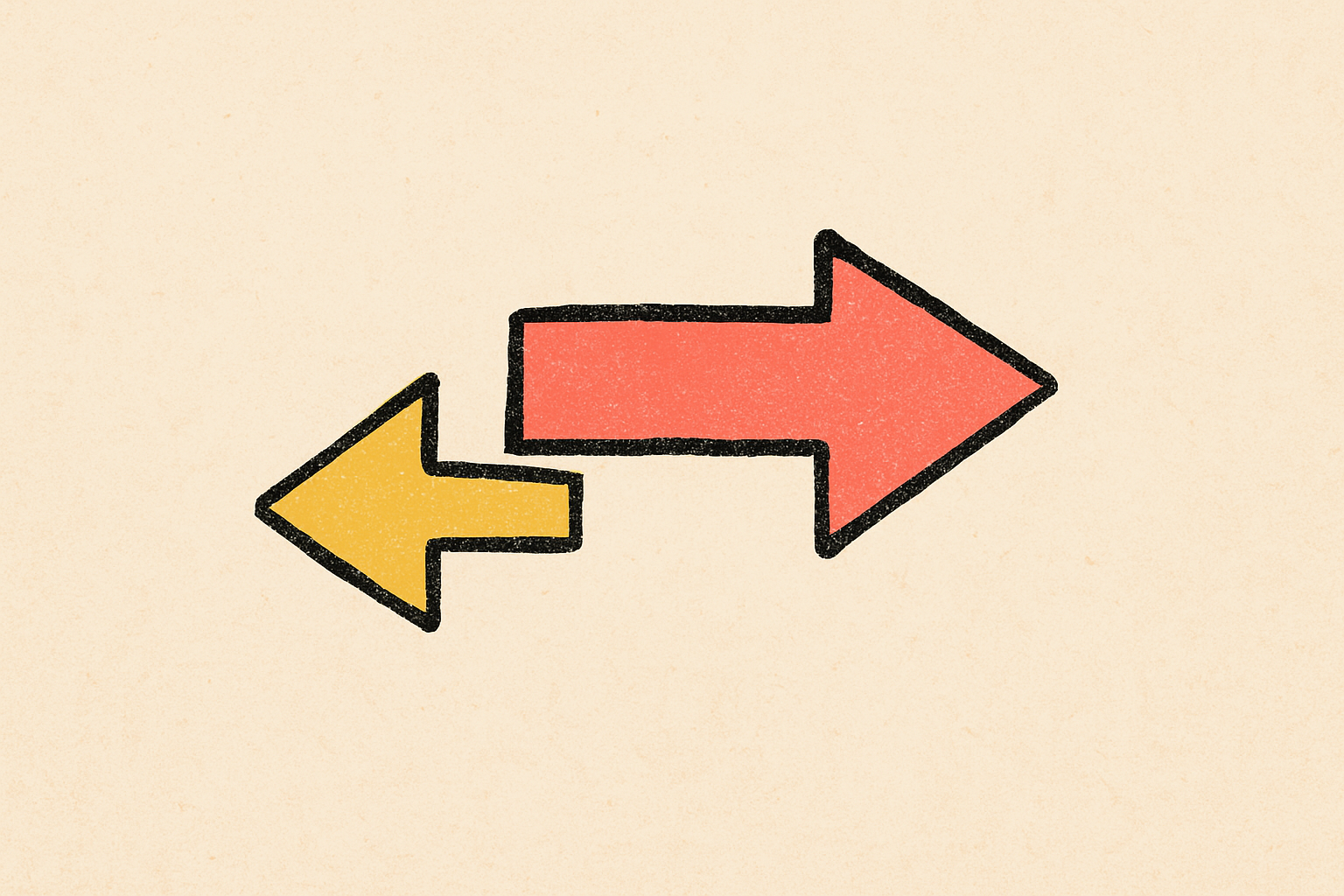 Two ink arrows pointing opposite directions, a short mustard one and a long coral one.