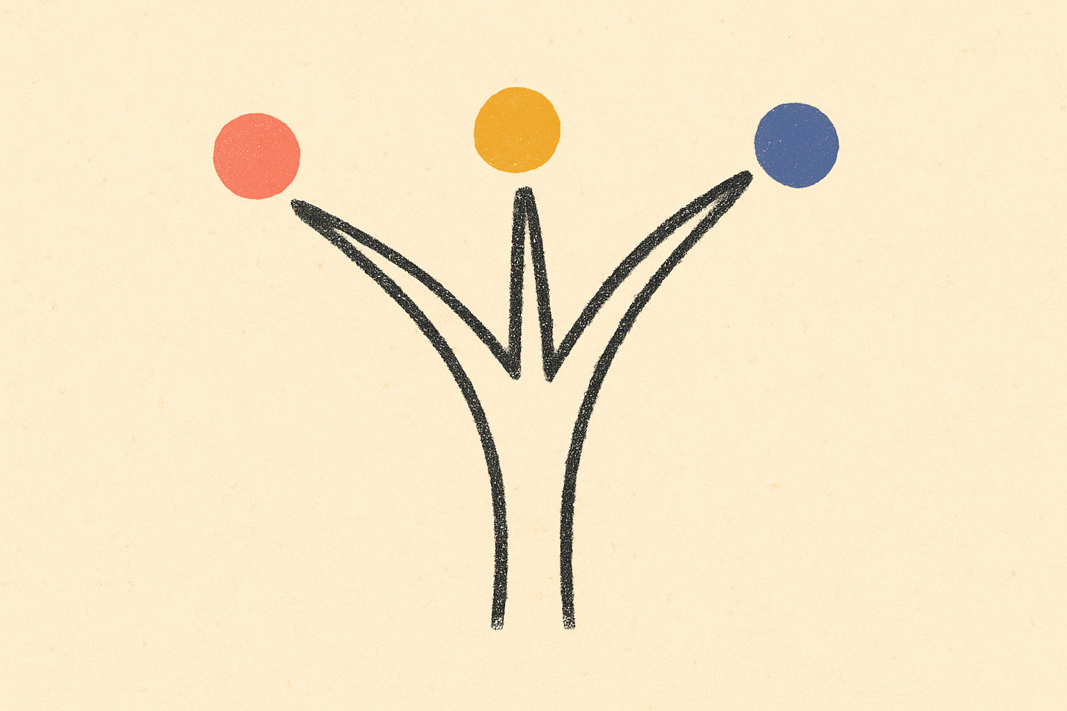 An ink fork in a road with three diverging paths marked by coral, mustard, and indigo dots.