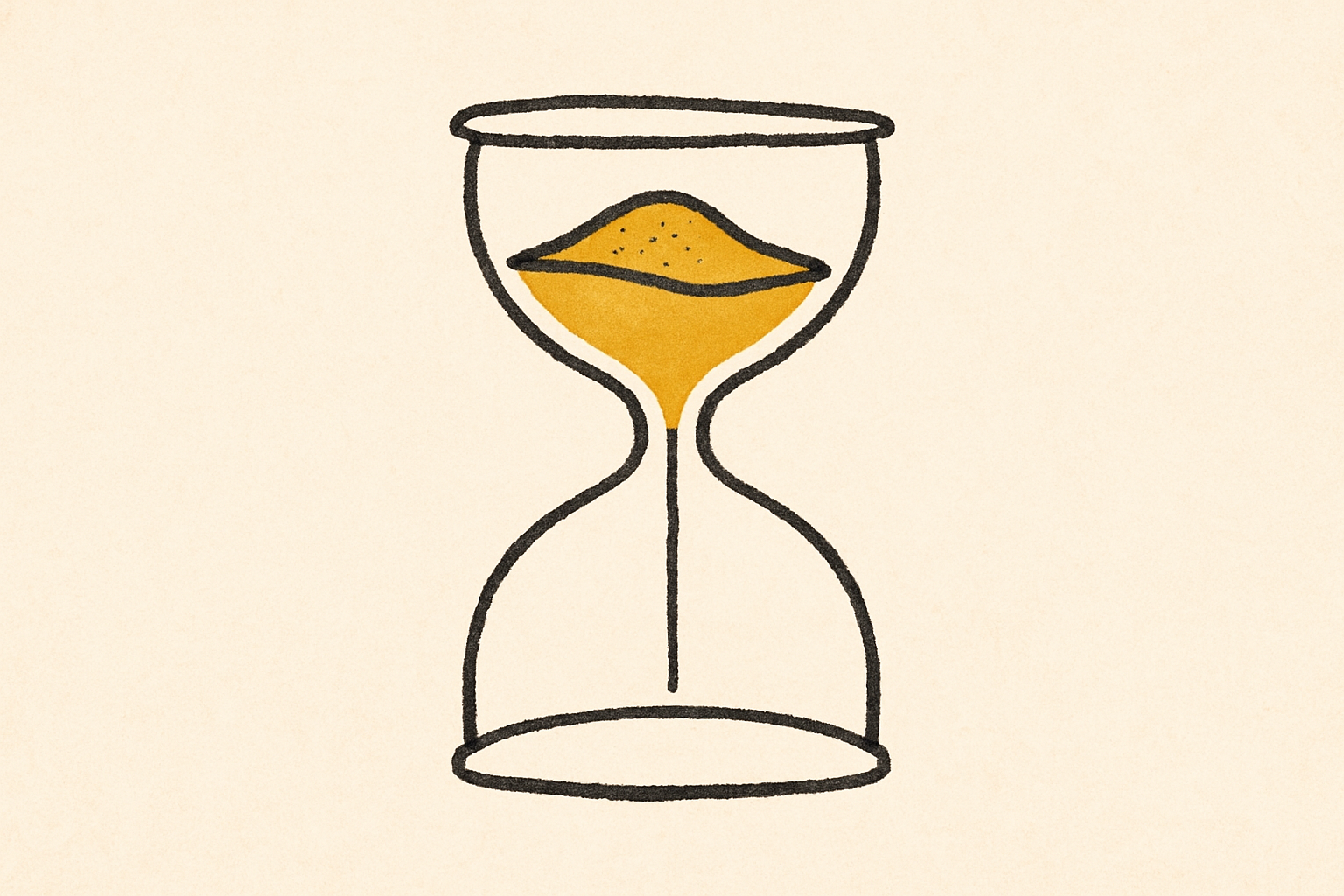 An ink sand timer barely emptied with mustard sand piled at the top.