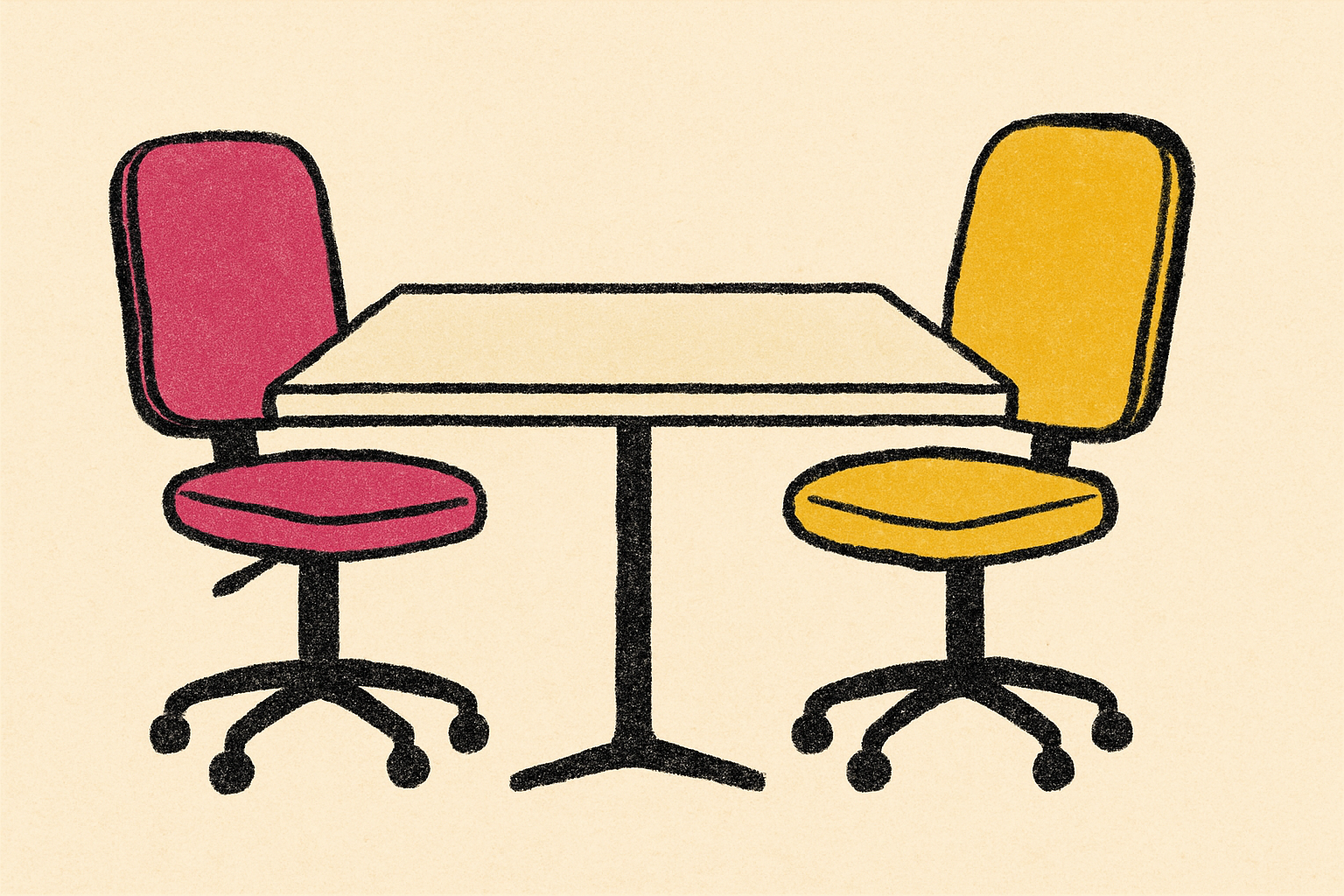 Two empty office chairs facing away from each other across a cream conference table.