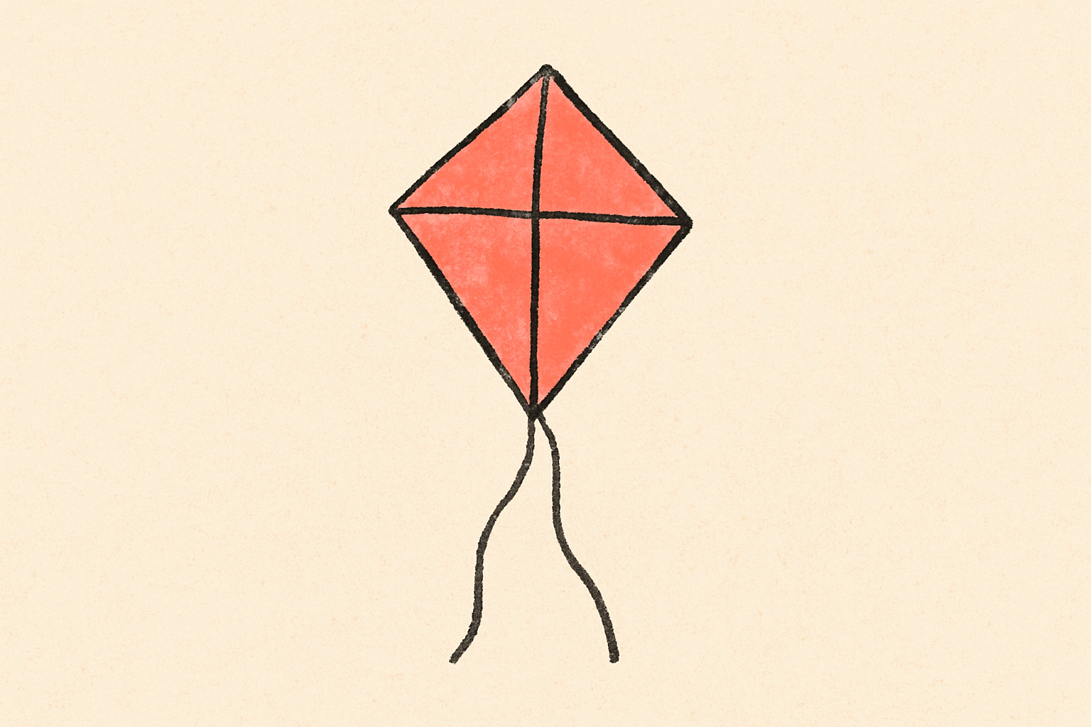 A small paper kite with a coral diamond body and its string splitting into two separate threads.