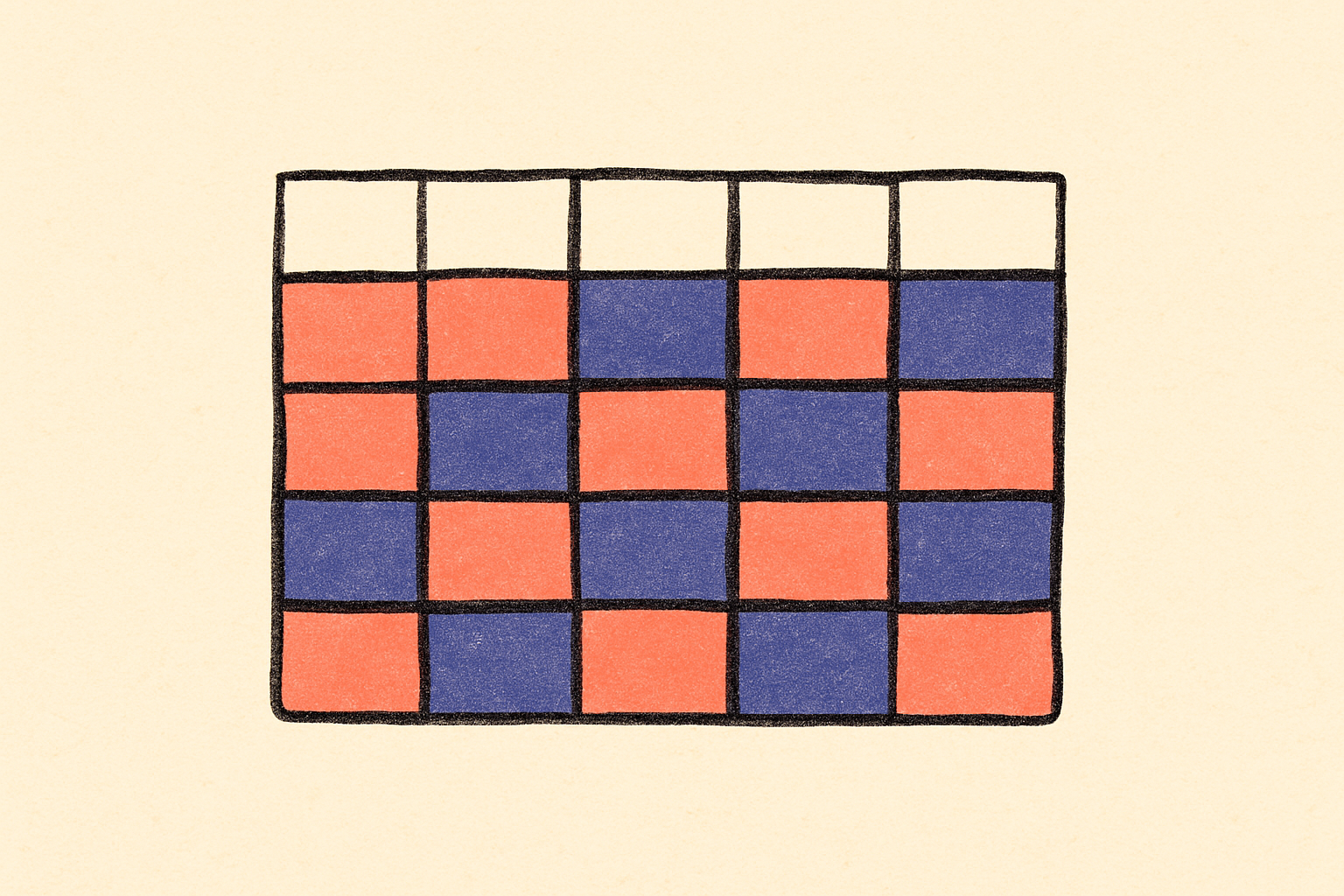 An ink schedule grid with alternating coral and indigo squares like a custody calendar.