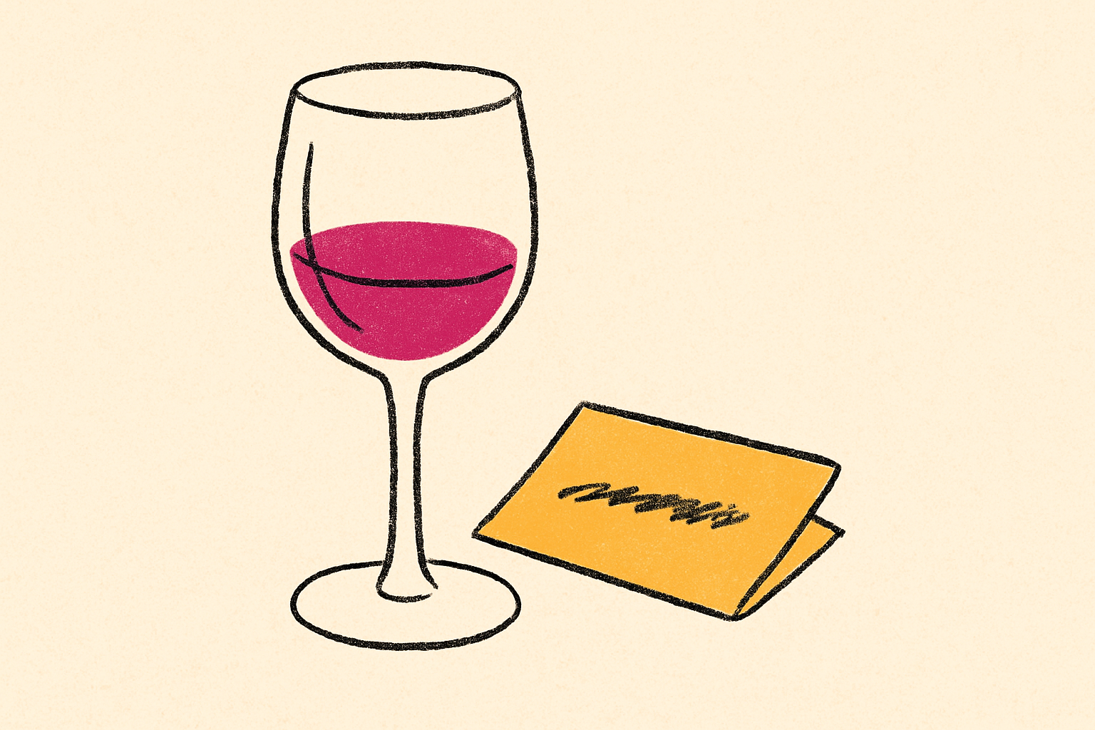 A half-empty wine glass next to a folded napkin with a phone number partially smudged out.