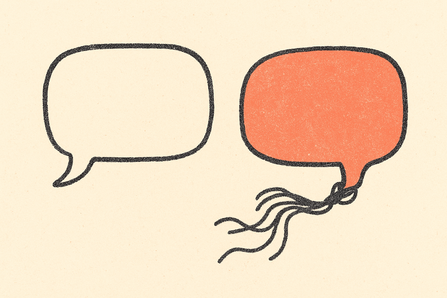 Two ink texting bubbles with the tail to one bubble frayed and unraveling in coral.