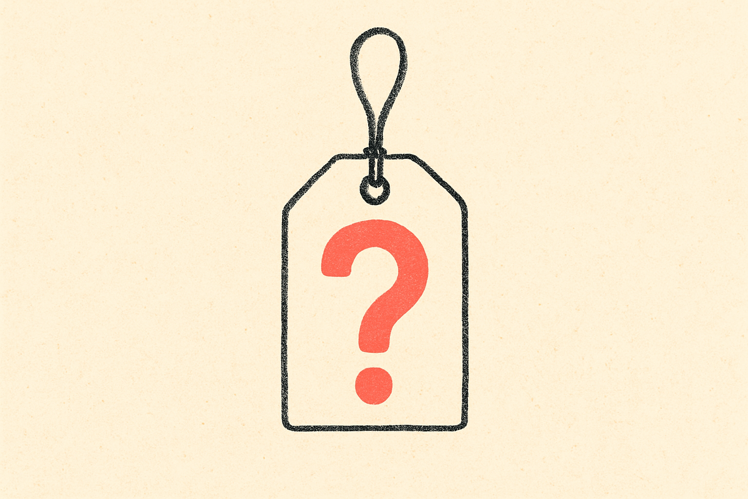 An ink label tag dangling from a string with only a coral question mark on it.