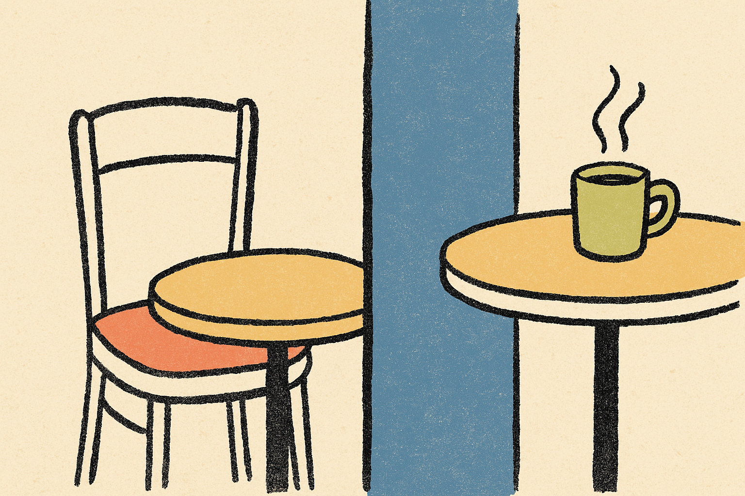 Two coffee shop tables, one with an empty chair and one with a steaming mug, separated by an indigo wall.