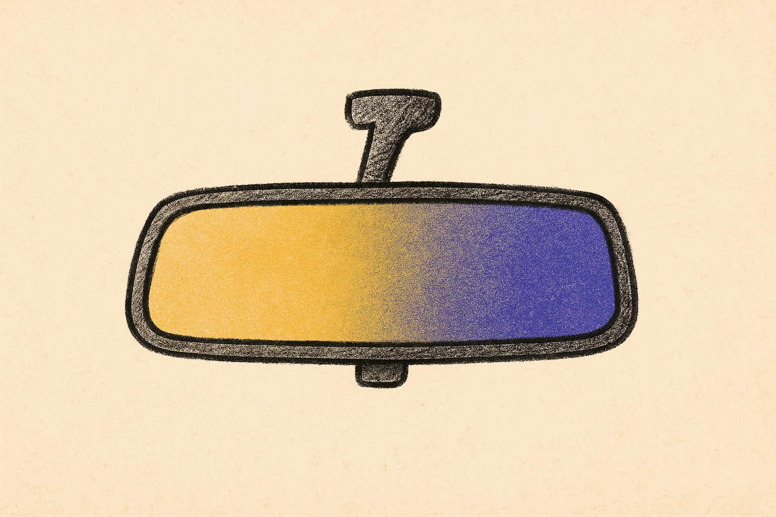 An ink rear-view mirror with the reflection inside it a soft fade of mustard and indigo.
