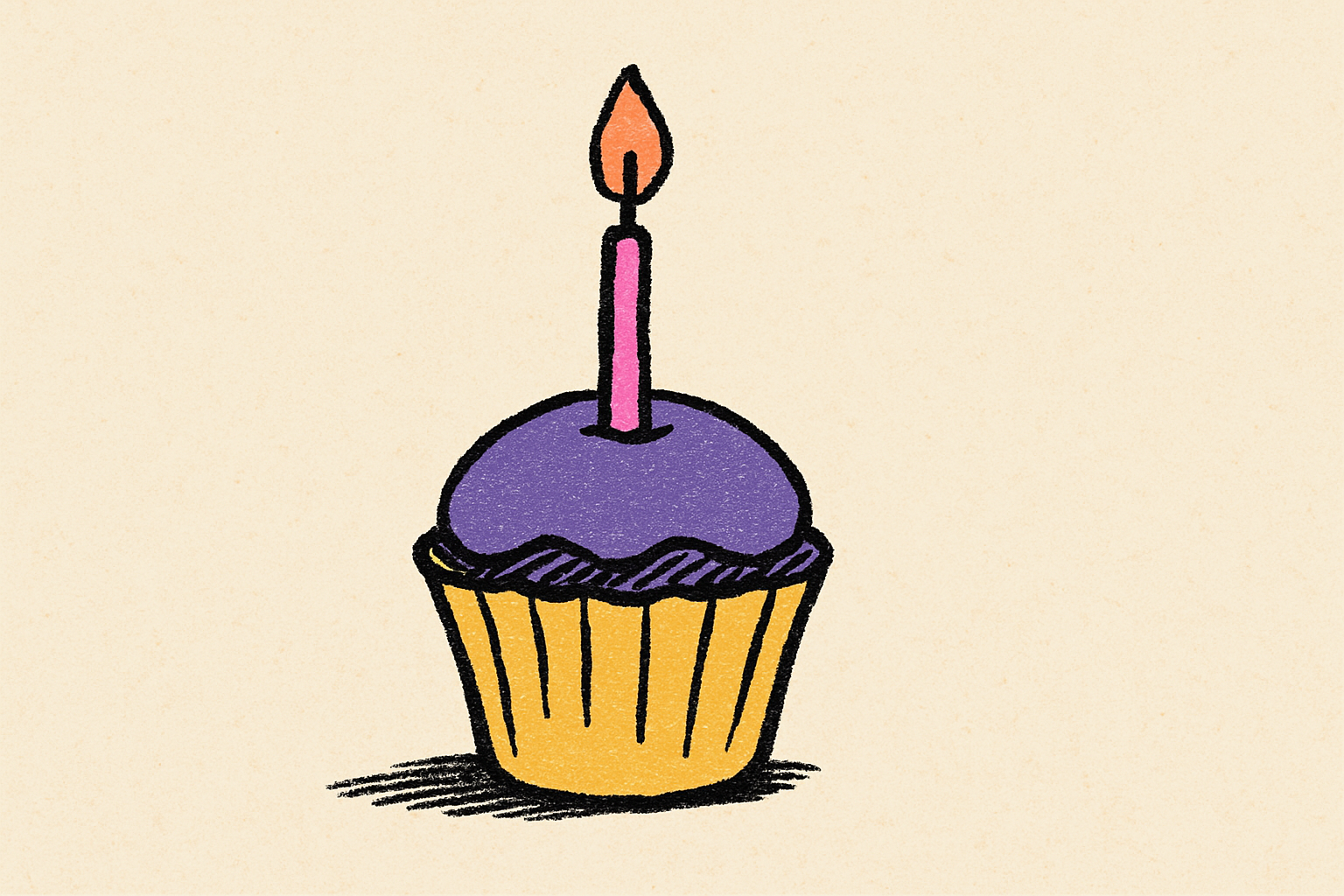 A single birthday candle in a small cupcake with a coral teardrop flame on a cream surface.