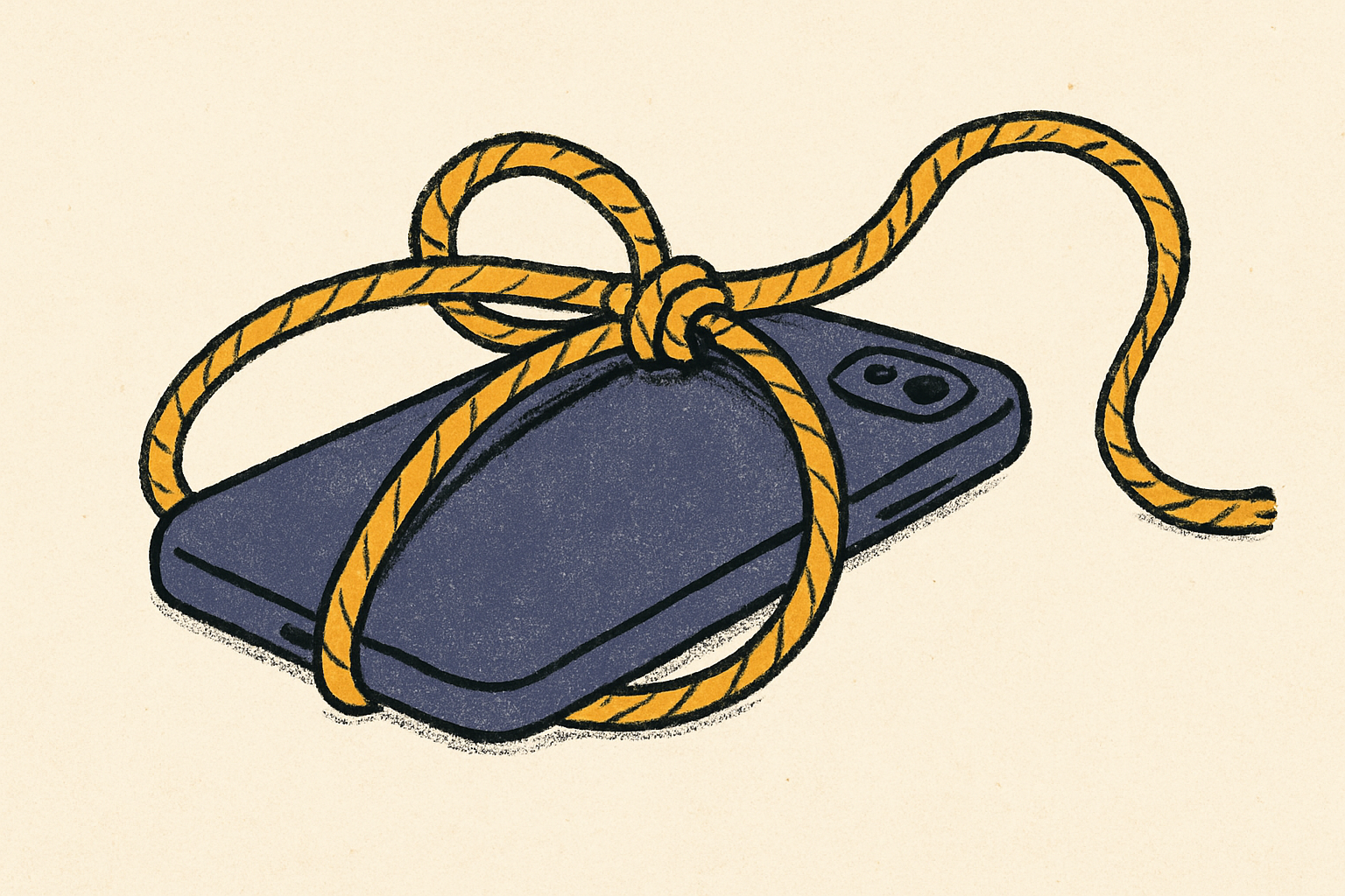 A face-down smartphone on a cream surface with a mustard lasso rope tied loosely around it.