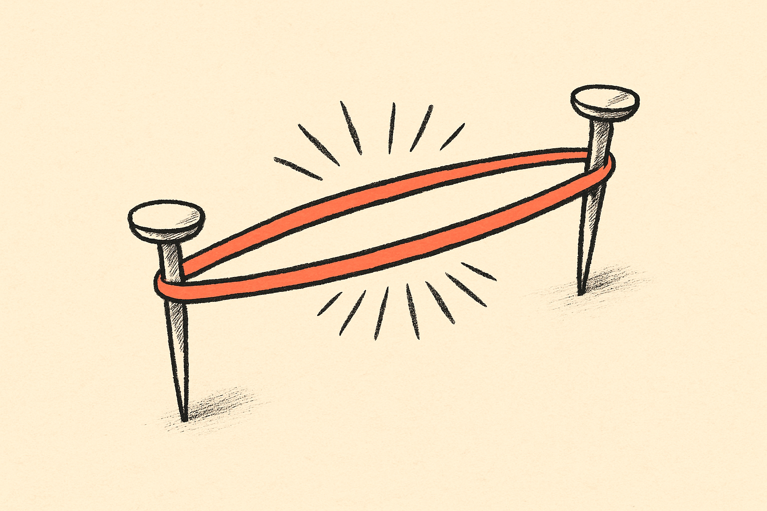 An ink rubber band stretched taut between two pins on cream with a coral tension line.