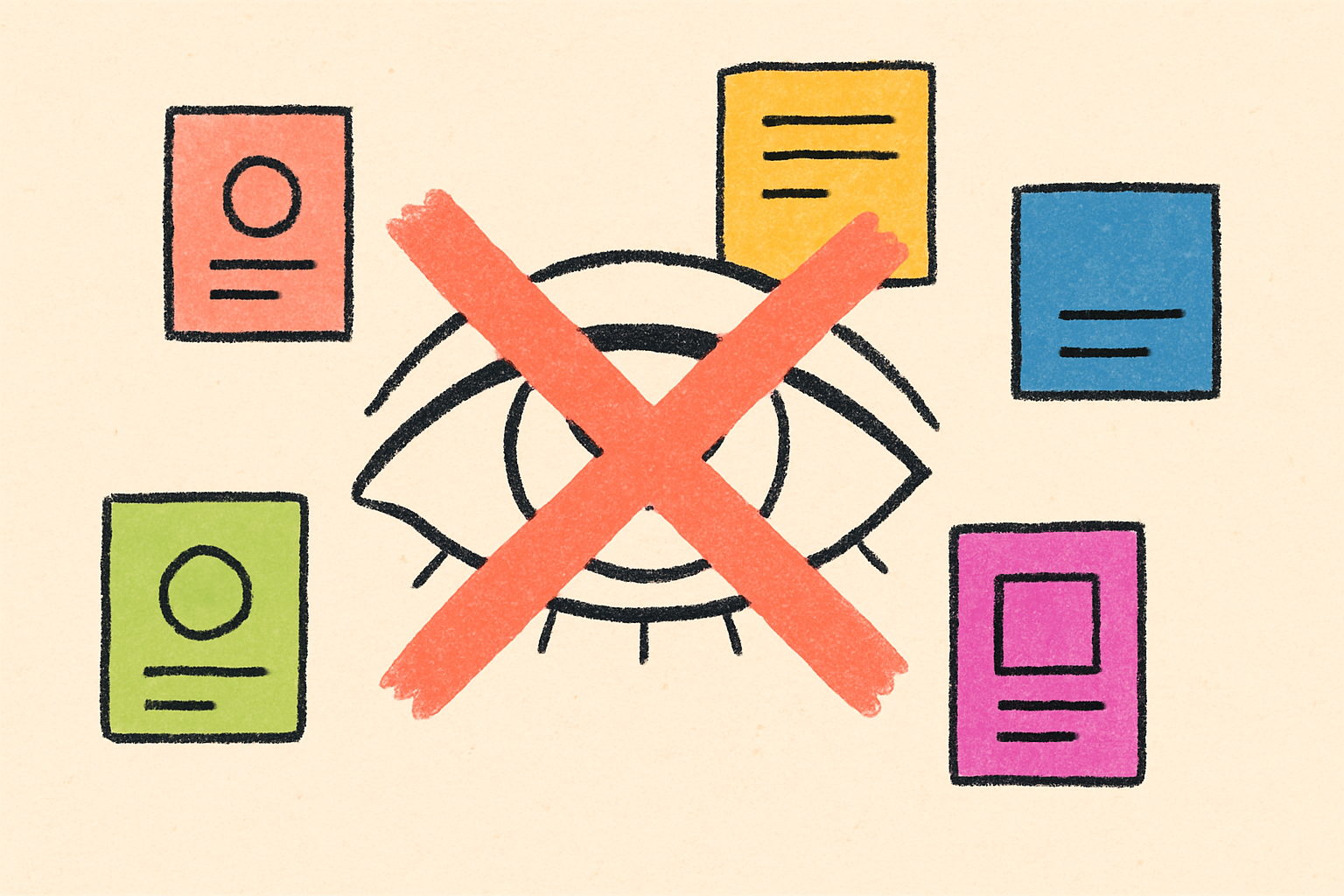 An ink-drawn eye with a coral X through it, surrounded by small abstract colored feed cards.