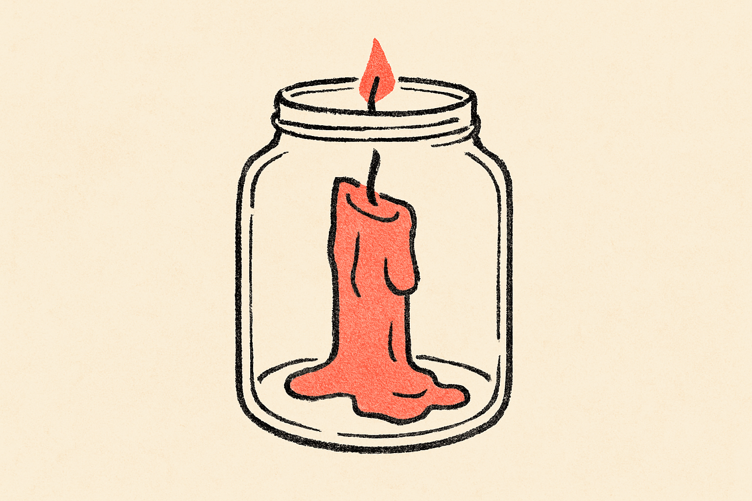 An ink glass jar holding a single coral candle with wax half-melted at the bottom.