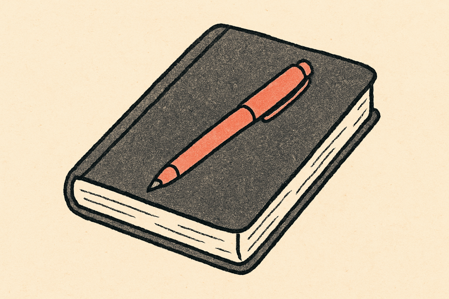 A closed ink notebook with a small coral pen lying diagonally across the cover.