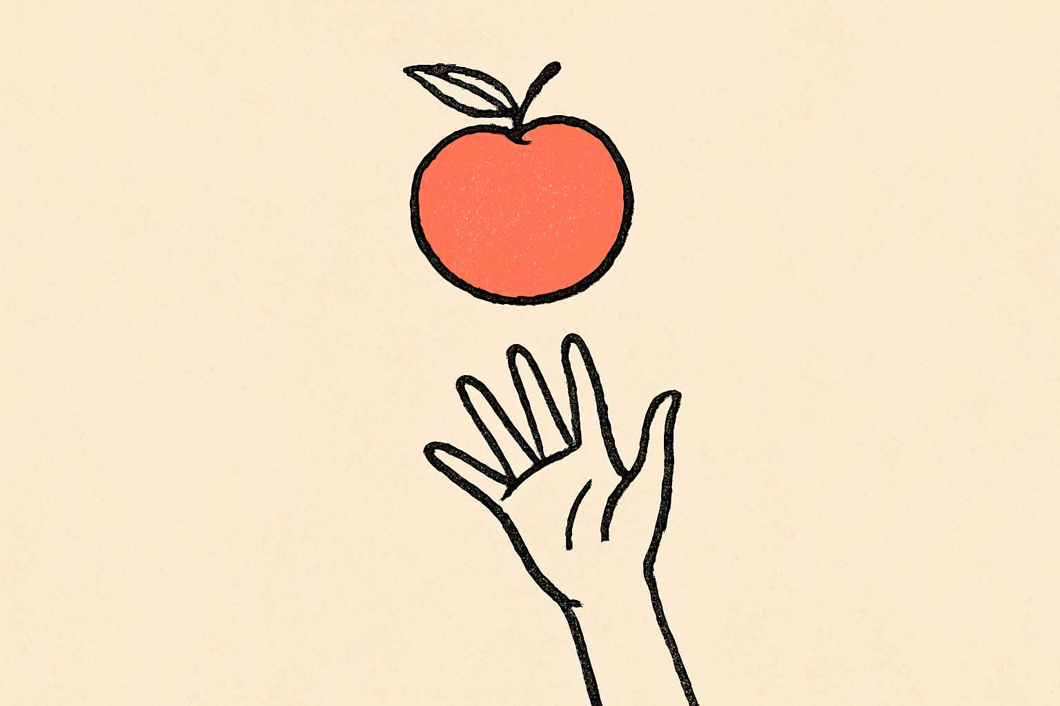An ink hand reaching upward toward a floating coral fruit just out of grasp.