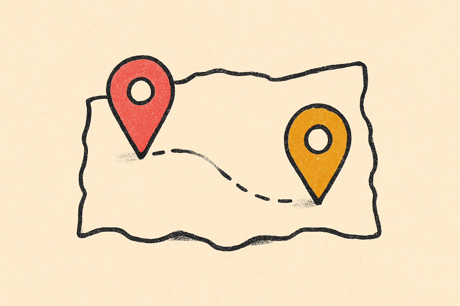 Two pins on a stylized cream map connected by a single dashed ink line that fades in the middle.