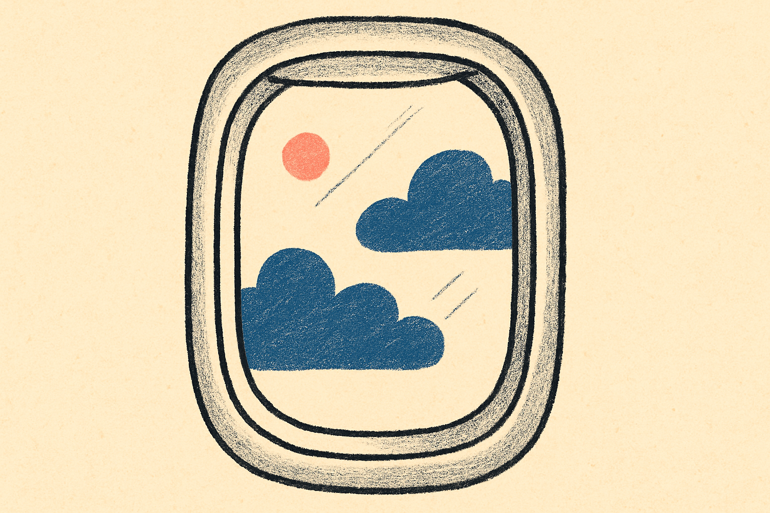 An ink airplane window with soft indigo clouds and a single coral dot on the glass.