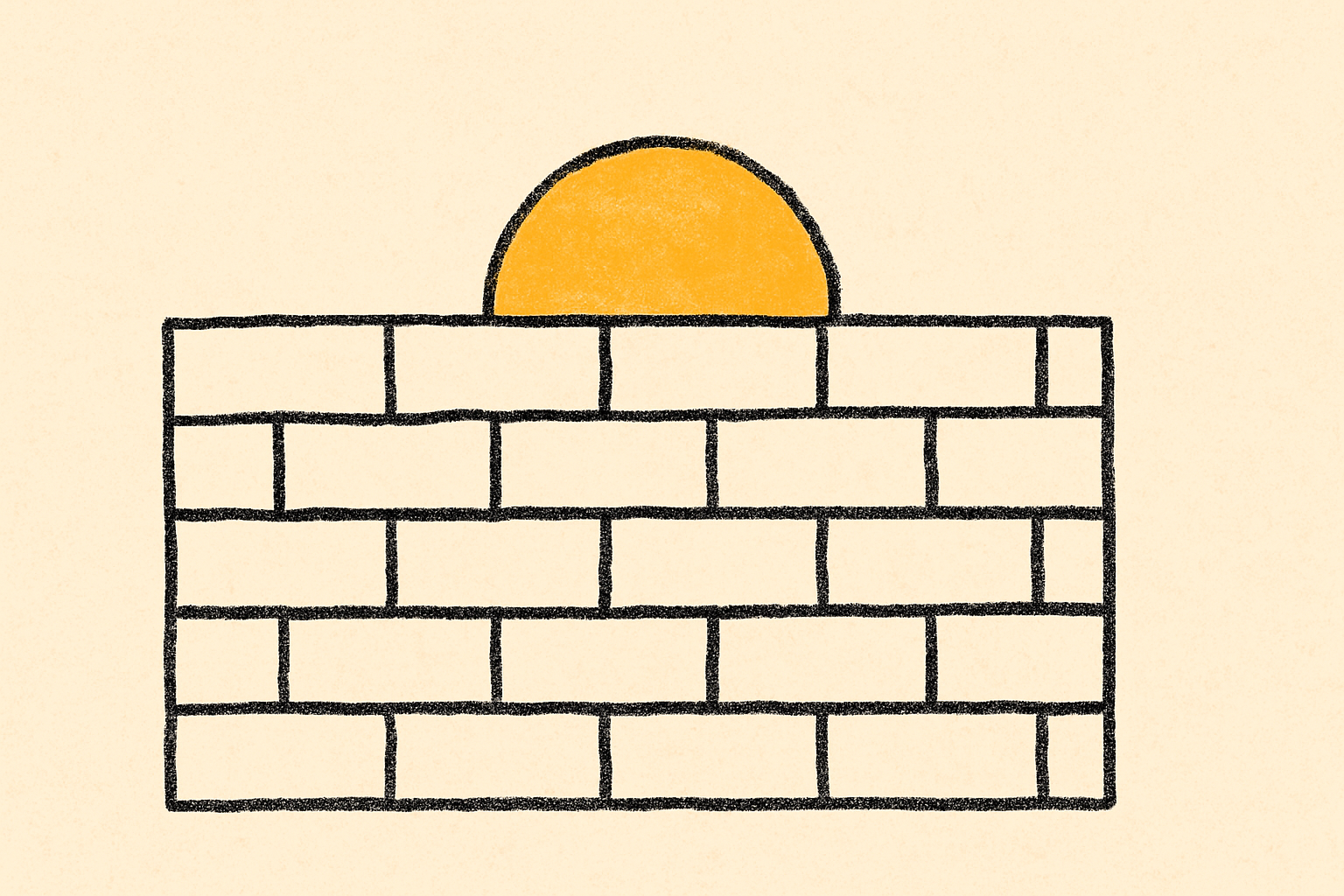 A tall ink brick wall across the page with a small mustard sun rising behind it on the far side.