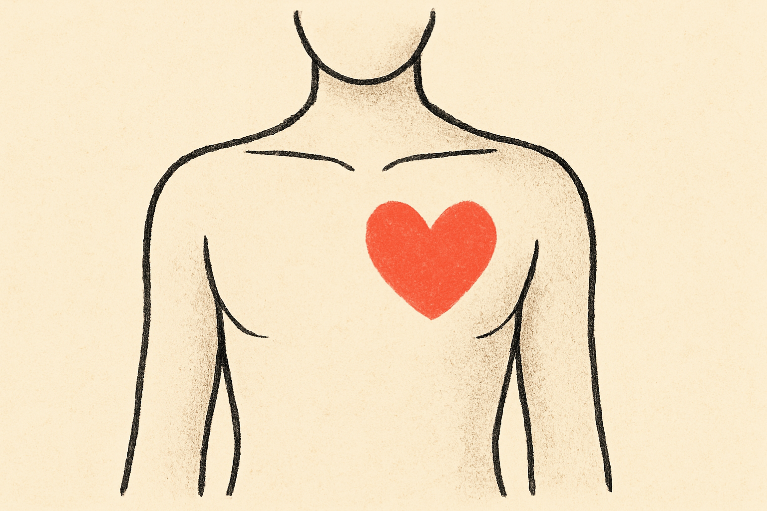 A line-drawn torso silhouette with a single coral heart shape glowing in the chest, no face visible.