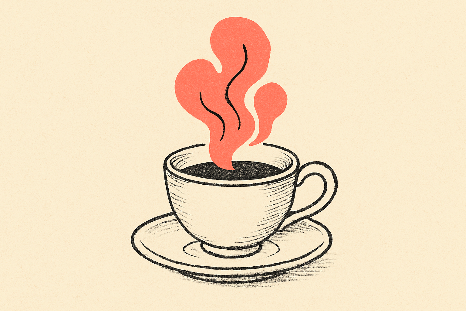 An ink cup of warm tea on a saucer with soft coral steam curling up.