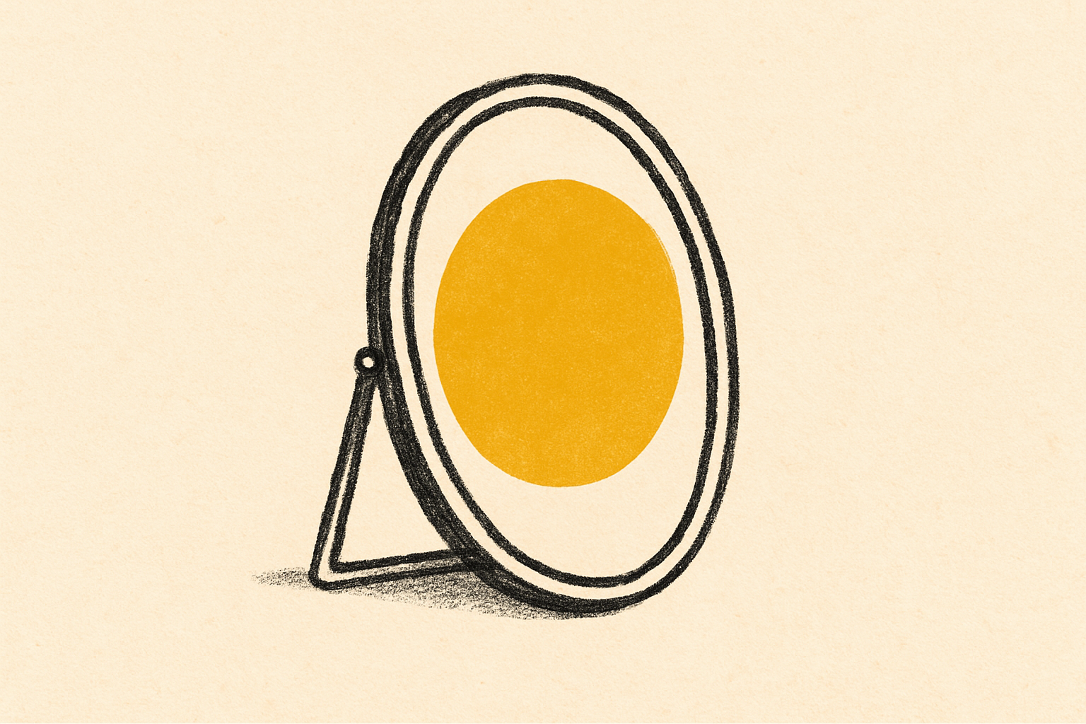 A small ink mirror leaning on a cream wall with a soft mustard circle reflection.