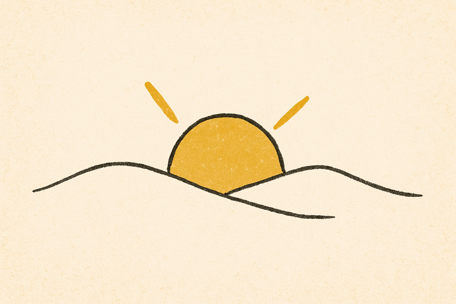 An ink sunrise behind low cream hills with a soft mustard sun and two warm rays.