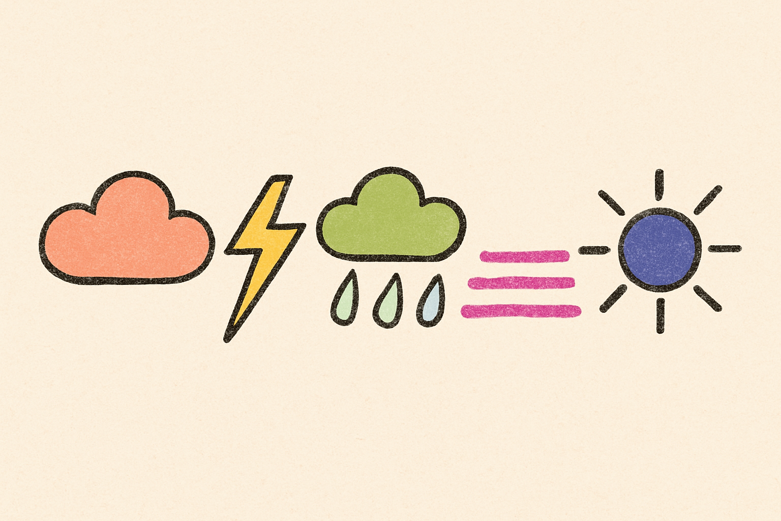 Five ink weather symbols in a row each filled lightly with a different palette color.