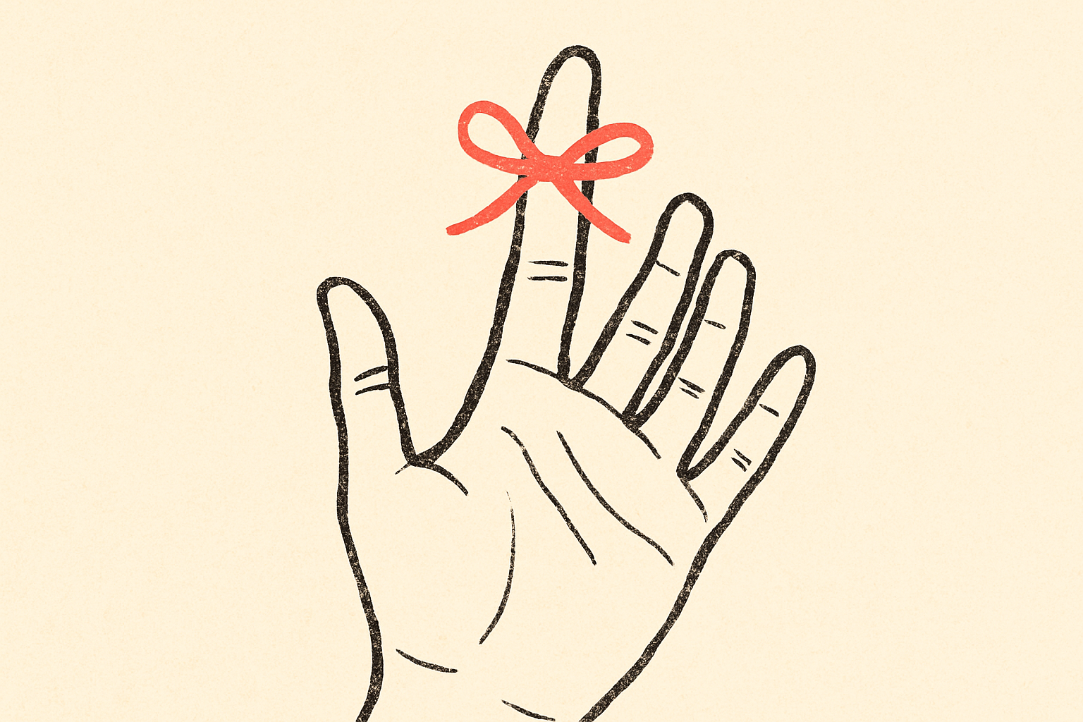 An ink open hand with a small coral string tied around the index finger.