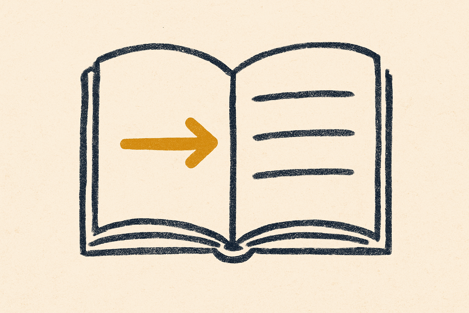 An ink rulebook open on cream with three rule lines and a mustard arrow underlining the first.