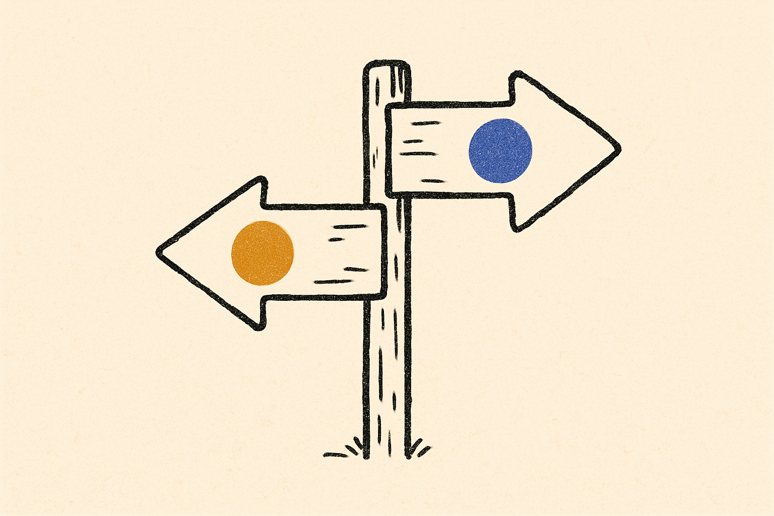 An ink forked road sign with two arrows labeled by small mustard and indigo dots.